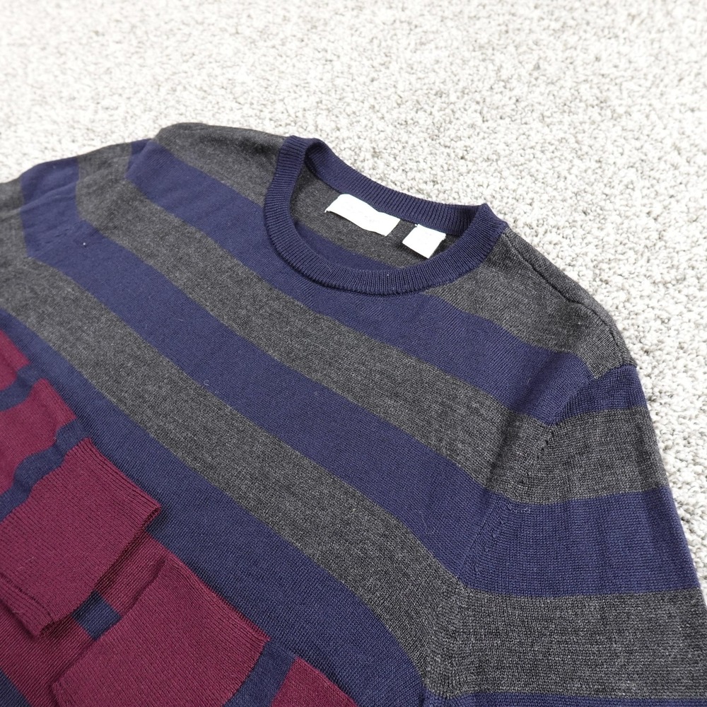 Calvin Klein Sweater Mens M Blue Red Gray‎ Stripe Wool Pullover Crewneck Soft